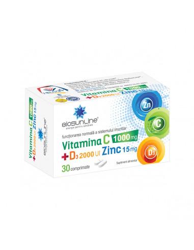 Vitamina C 1000 mg + D3 2000 UI + Zinc 15 mg, 30 comprimate, Helcor -  VITAMINE-