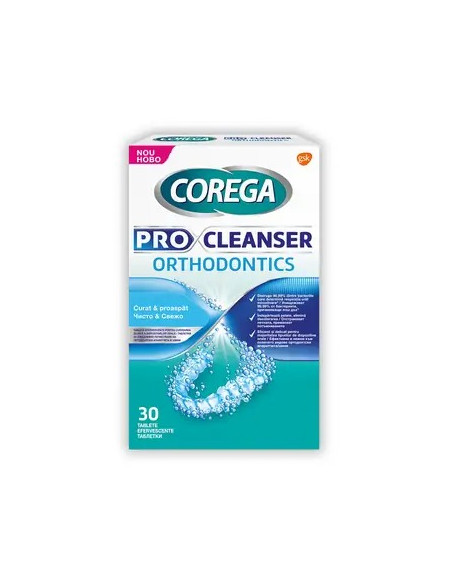 Tablete efervescente de curatare gutiere dentare Pro Cleanser Orthodontics,  30 tablete, Corega - ADEZIVI-PROTEZE-DENTARE - COREGA