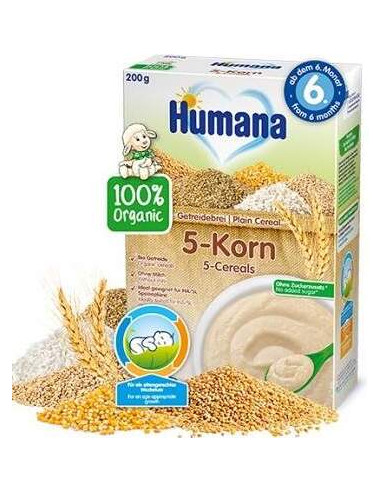 Cereale Bio 5 cereale fara lapte, +6luni, 200g, Humana - CEREALE-BISCUITI -  HUMANA