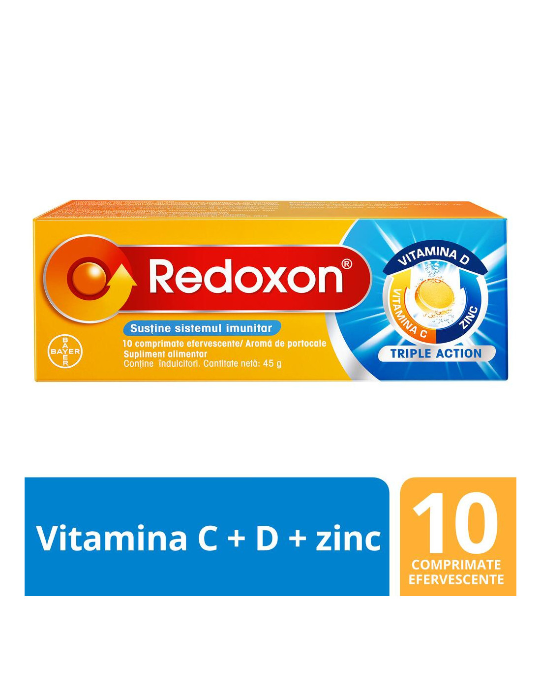 Redoxon Triple Action, Vitamina C, D si Zinc pentru sustinerea imunitatii,  10 comprimate, Bayer - IMUNITATE - BAYER