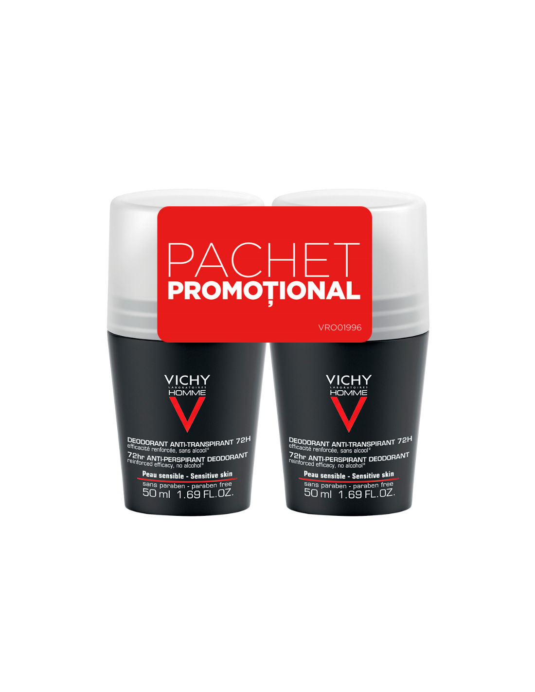 Pachet Deodorant roll-on antiperspirant control extrem pentru barbati 72h,  50 ml + 50 ml, Vichy Homme - DEODORANTE-SI-ANTIPERSPIRANTE - VICHY