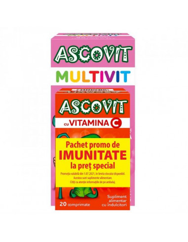 Pachet Ascovit Multivit cu aromă de zmeură , 60 comprimate + Ascovit cu  Vitamina C aroma de